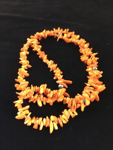 Navajo Orange Coral Necklace | Sterling Silver | 36" | Authentic Native American Handmade | 10044