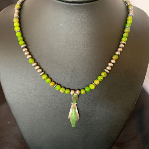 Navajo Green Gaspeite Turquoise Pendant | Sterling Silver Inlay | Authentic Native American Handmade | 12361 - Masha USA