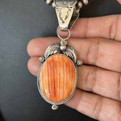 Navajo Pearls Orange Spiny Oyster Pendant Necklace | Sterling Silver | Authentic Native American Handmade | 14722