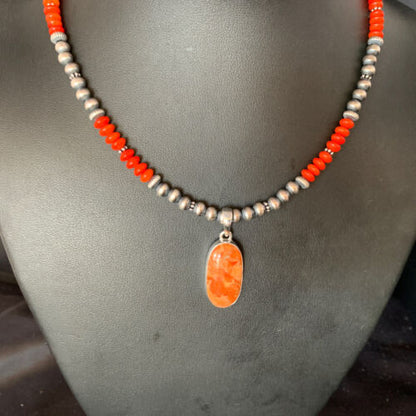Navajo Red Apple Coral Necklace Pendant Naja | Sterling Silver | Authentic Native American Handmade | 13932