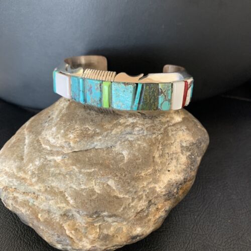 Men's Navajo Turquoise Spiny Coral Inlay Bracelet | Sterling Silver | Authentic Native American Handmade | 12693