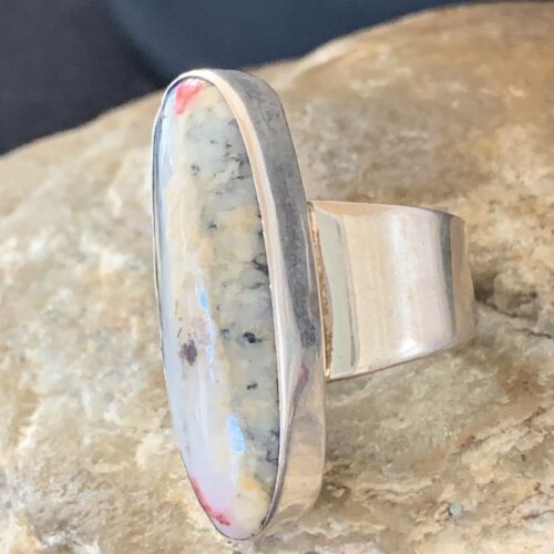 Southwestern Navajo Cinnabrite Ring | White Black | Sterling Silver | Sz 7.5 | 1558