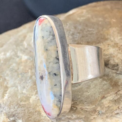 Southwestern Navajo Cinnabrite Ring | White Black | Sterling Silver | Sz 7.5 | 1558