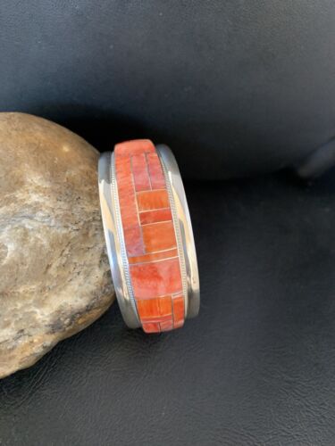 Navajo Red Spiny Oyster Cuff Inlay Bracelet | Sterling Silver | Authentic Native American Handmade | 13659