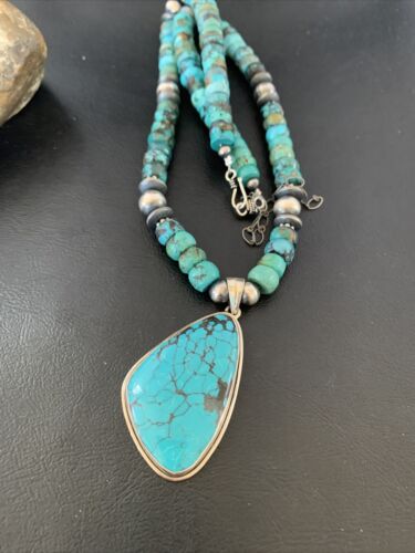 Navajo Pearls Spiderweb Beads Turquoise Necklace Pendant | Sterling Silver | Authentic Native American Handmade | 10239