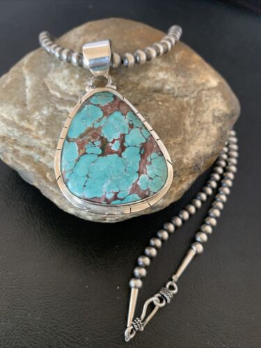 Men's Navajo Pearl Necklace with Blue Spiderweb Turquoise Pendant | Sterling Silver | 10543