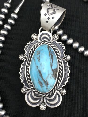 Navajo Blue Turquoise Pendant Necklace | Sterling Silver | 2.75" | Authentic Native American Handmade | 1302