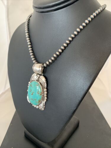 Navajo Pearls Necklace with Kingman Turquoise Pendant | Sterling Silver | Authentic Native American Handmade | 809