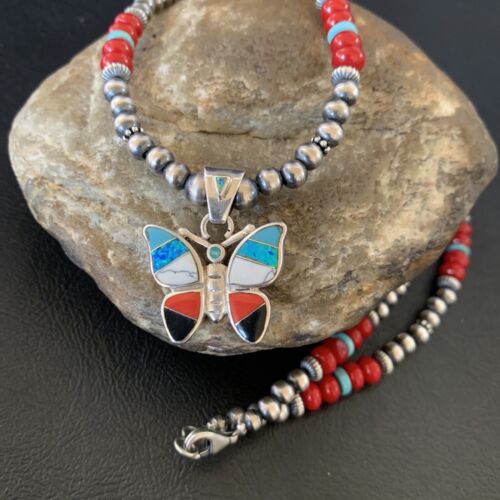 Opal Inlay Butterfly Pendant | Navajo Sterling Silver | Coral & Turquoise | 21" | 12582
