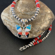 Opal Inlay Butterfly Pendant | Navajo Sterling Silver | Coral & Turquoise | 21" | 12582