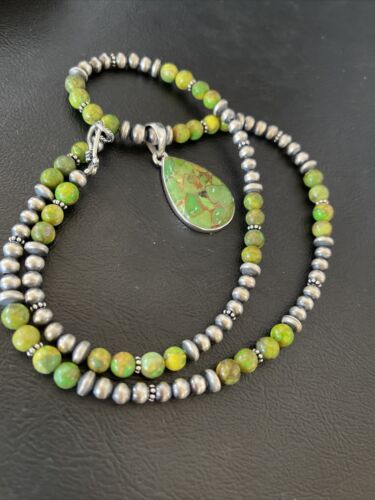 Women's Navajo Pearl Necklace with Green Mojave Turquoise Pendant | Sterling Silver | Native American Handmade | 10581