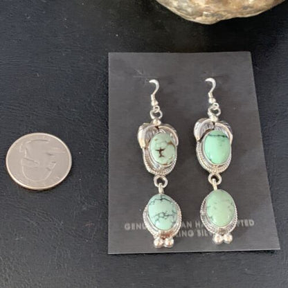 Navajo Green Spiderweb Turquoise Dangle Earrings | Sterling Silver | Authentic Native American Handmade | 13551