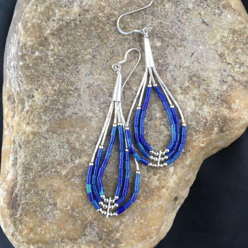 Handmade Liquid Silver Heishi Dangle Earrings | Dark Blue Lapis Tub | 2.25" | 2013