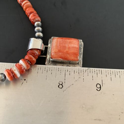 Navajo Pearls Necklace with Red Spiny Oyster Pendant | Sterling Silver | Authentic Native American Handmade | 11324