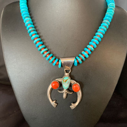 Navajo Sterling Silver Necklace | Blue Turquoise & Coral Naja Pendant | Authentic Native American Handmade | 13748