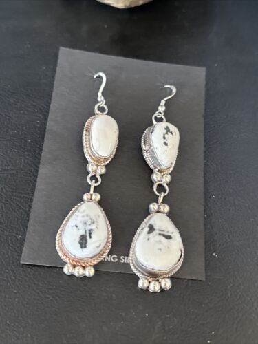 Navajo White Buffalo Turquoise Dangle Earrings | Sterling Silver | 2.5" | Authentic Native American Handmade | 14801