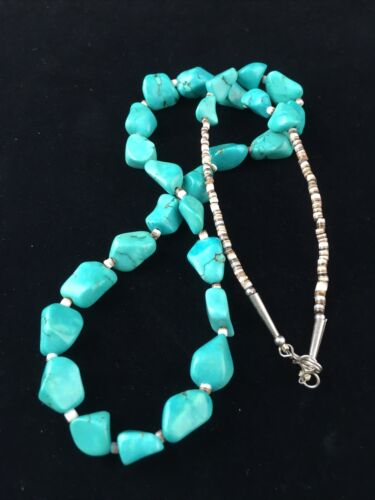 Navajo Blue Nugget Turquoise Heishi Necklace | Sterling Silver | 22" | Authentic Native American Handmade | 10064