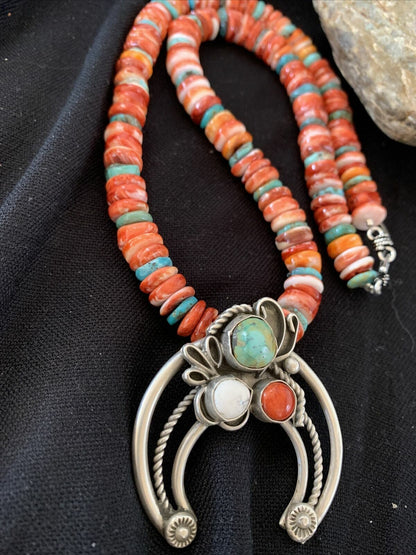 Navajo Pearls Sterling Silver Necklace | Red Spiny Oyster & Turquoise Naja Pendant | Authentic Native American Handmade