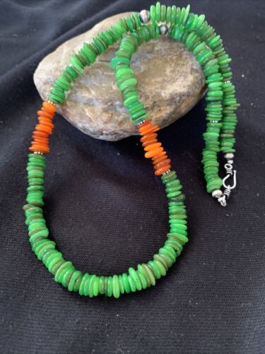 Navajo Pearls Necklace | Orange Green Mother of Pearls | Sterling Silver | Authentic Native American Handmade | 20" | 1053