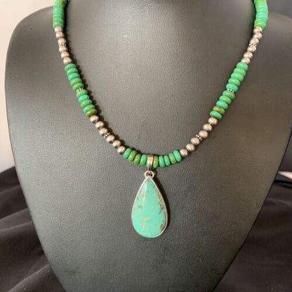 Navajo Pearls Green Turquoise Pendant Necklace | Sterling Silver Beads | Authentic Native American Handmade | 13308