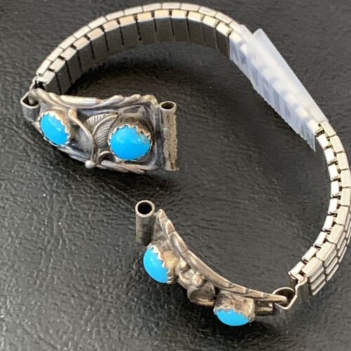 Navajo Sterling Silver Watch Tips | Old Pawn Blue Turquoise Band | Authentic Native American Jewelry | 1638