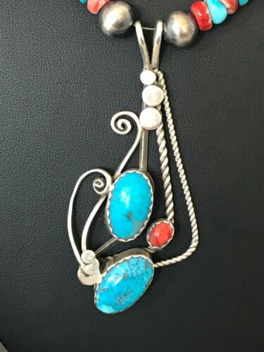 Navajo Kingman Turquoise & Spiny Oyster Pendant Necklace | Sterling Silver | 8659