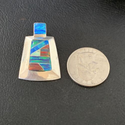 Navajo Blue Red Opal Inlay Pendant | Sterling Silver | Authentic Native American Handmade | 13340
