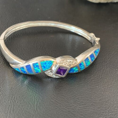 Navajo Blue Opal Amethyst Bracelet | Sterling Silver | 7" | Authentic Native American Handmade | 13123