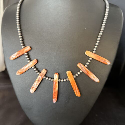 Native American Navajo Spiny Oyster Stick Bead Necklace | Sterling Silver | 20" | 14330