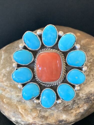 Navajo Blue Kingman Turquoise and Coral Cluster Ring | Authentic Native American Sterling Silver | Multi-Stone | Sz 7.5 | 11530