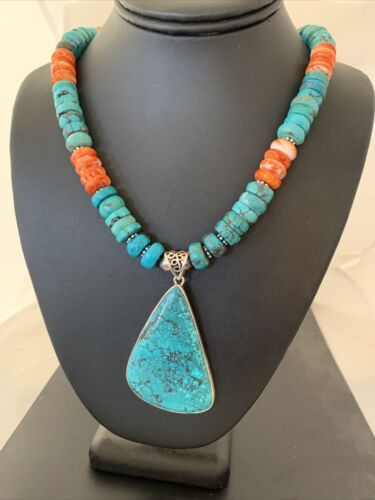 Spiny Oyster Turquoise Navajo Pearls | Spiderweb Pendant | Sterling Necklace | Southwestern | 00835