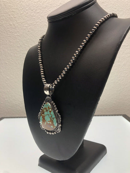 Navajo Pearls Necklace with Blue Turquoise #8 Pendant | Sterling Silver | Native American Handmade | 11294
