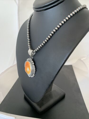 Navajo Orange Spiny Oyster Pendant Necklace | Sterling Silver Pearls | Authentic Native American Handmade | 00777