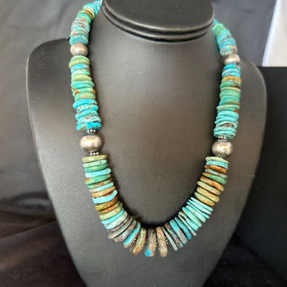 Navajo Blue Green Turquoise Bead Necklace | Sterling Silver | Authentic Native American | 20" | 14238