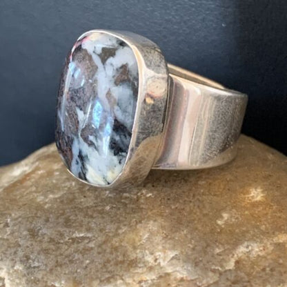 Navajo Men's White Black Cinnabrite Ring | Sterling Silver | Sz 6.5 | Authentic Native American Handmade | 1551