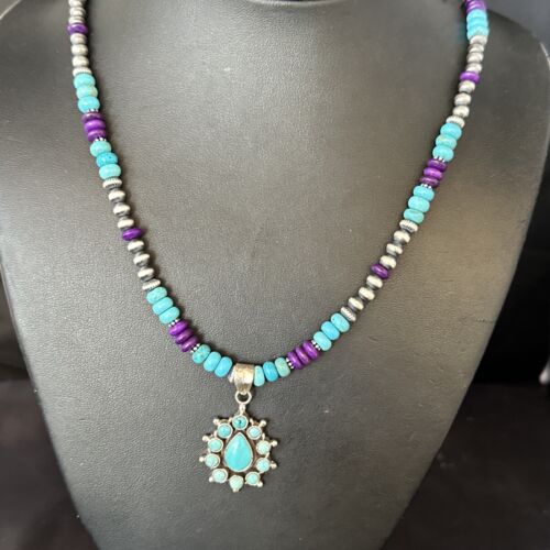 Blue Turquoise Sugilite Multi-Stone Necklace Pendant | Navajo Sterling Silver | 14640