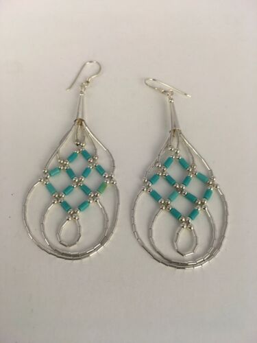 Native American Blue Turquoise Heishi Dangle Earrings | Sterling Silver | 2" | 8878