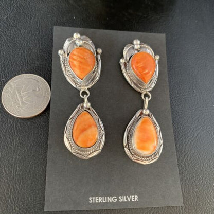 Navajo Orange Spiny Oyster Dangle Earrings | Sterling Silver | Authentic Native American Handmade | 13817