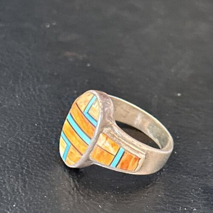 Southwestern Women's Navajo Blue Turquoise Spiny Oyster Inlay Ring | Sz 7 | 14556