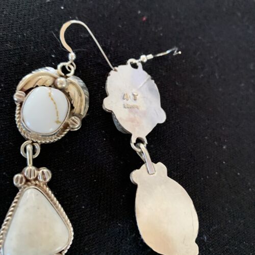 Navajo White Buffalo Turquoise Dangle Earrings | Sterling Silver | 2.50" | Authentic Native American Handmade | 1662