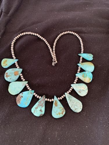 Authentic Native American Navajo Pearls Necklace | Sterling Silver & Blue Turquoise | 1451