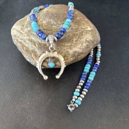 Navajo Blue Turquoise Lapis Necklace Pendant | Authentic Native American Sterling Silver | Naja | 14638