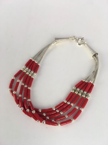Navajo Red Stabilized Coral Heishi Sterling Silver Bracelet | 5-Strand | 7" | 13603