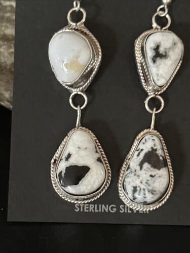 Navajo White Buffalo Turquoise Dangle Earrings | Sterling Silver | 2" | Authentic Native American Handmade | 14716