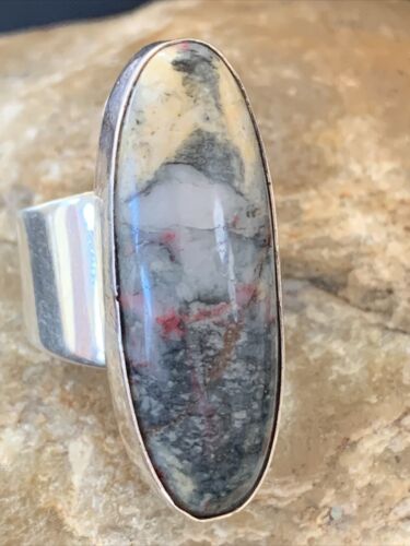 Southwestern Navajo Cinnabrite Ring | White Black | Sterling Silver | Sz 7.5 | 01559