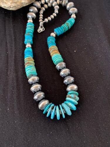 Navajo Blue Green Turquoise Beads Necklace | Sterling Silver | Authentic Native American Handmade | 22" | 4697 - Masha USA