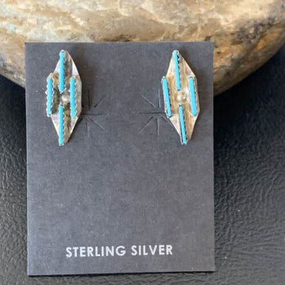 Zuni Blue Turquoise Needle-Point Dangle Post Earrings | Sterling Silver | 0.70" | 12751