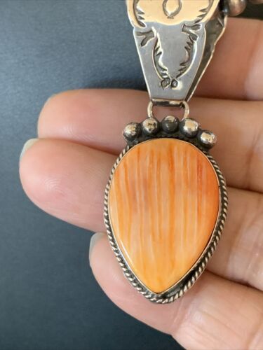 Navajo Orange Spiny Oyster Pendant Necklace | Sterling Silver | Authentic Native American Handmade | 13080