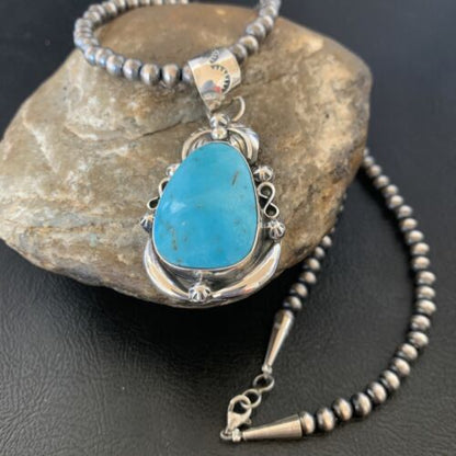 Men's Navajo Pearls Necklace with Blue Kingman Turquoise Pendant | Sterling Silver | Native American Handmade | 12599 - Masha USA