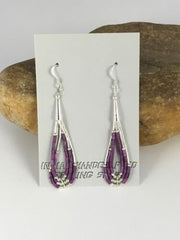 Native American Sugilite Heishi Tube Dangle Earrings | Sterling Silver | 2" | 8874